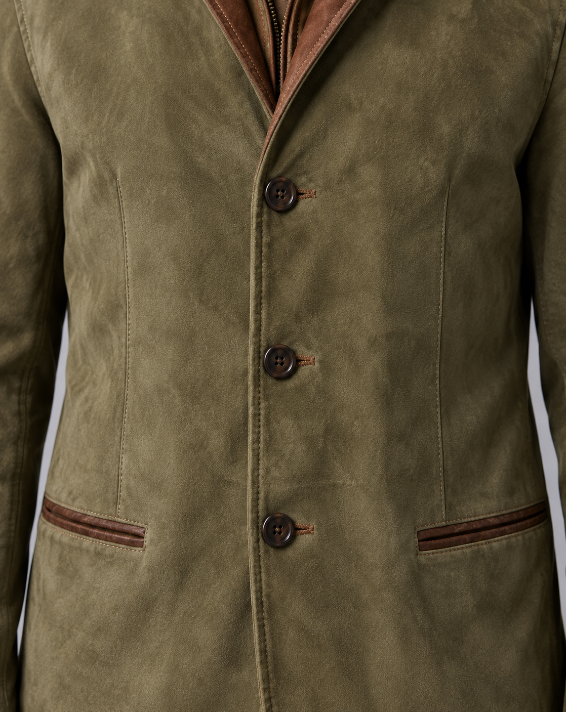 Men's Suede Jacket – Tailored Three-Button Blazer with Layered Stand Collar & Contrast Trim