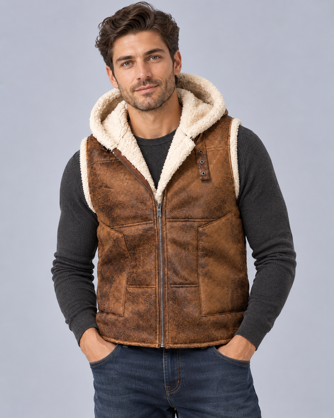 Men's Hooded Faux Fur Gilet | Weathered Cold-Weather Bodywarmer