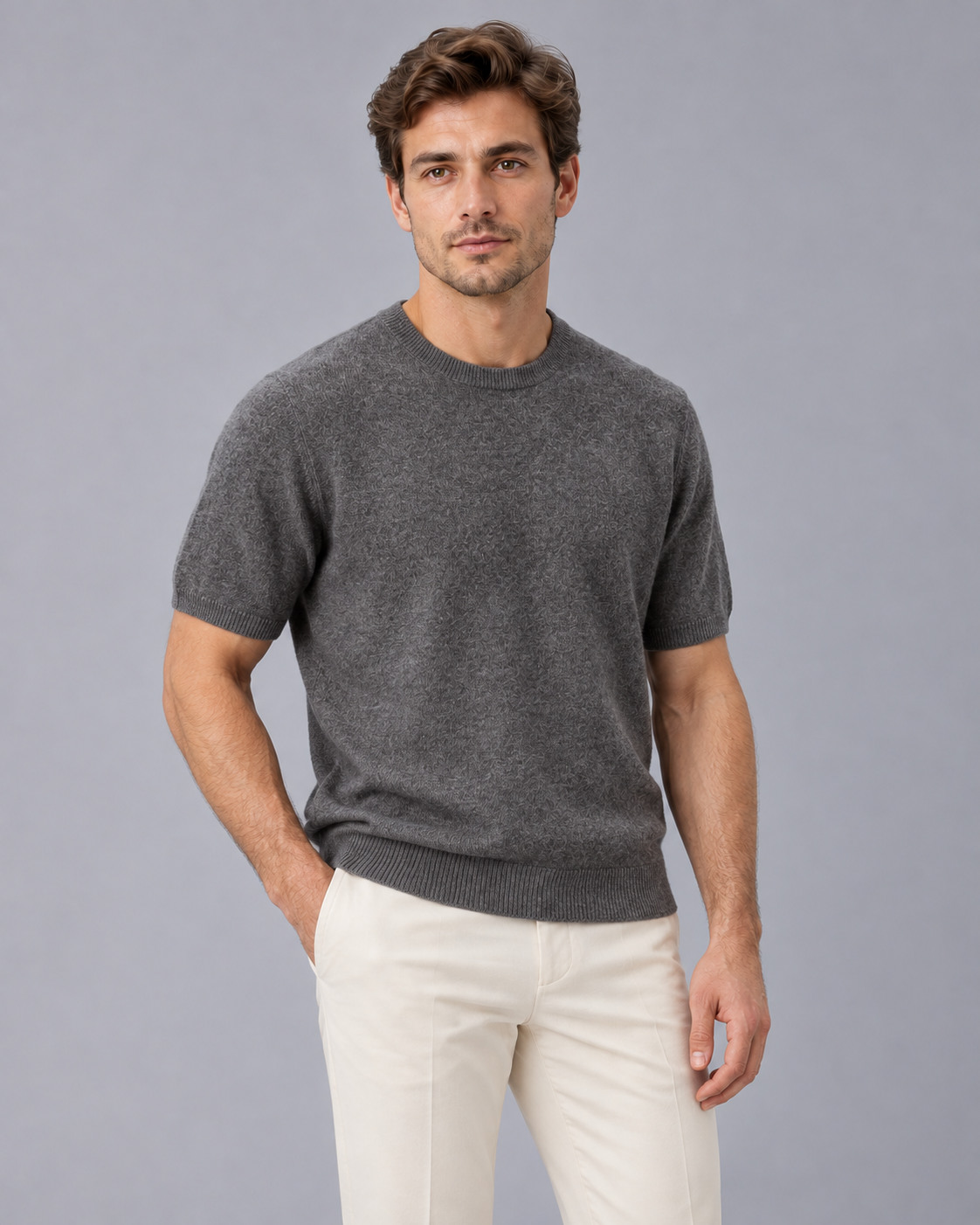 Men's 100% Cashmere Crew Neck T-Shirt with Short Sleeves and Ribbed Trims