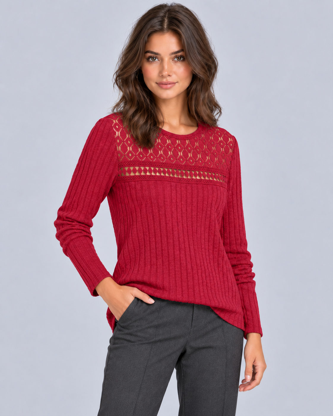Women's Lace Ribbed Long Sleeve Top | Fitted Crew Neck Blouse