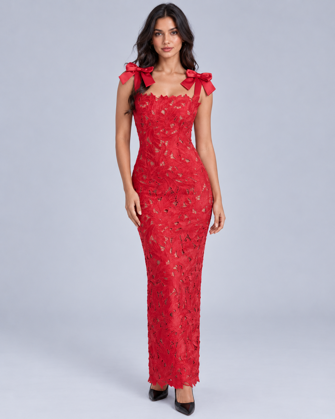 Women's Lace Maxi Dress with Bow Straps