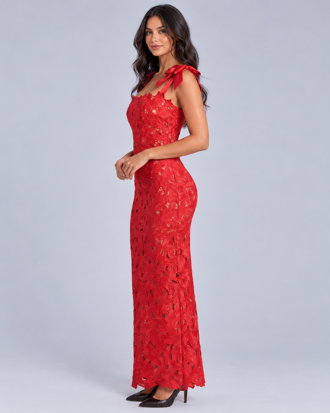 Women's Lace Maxi Dress with Bow Straps