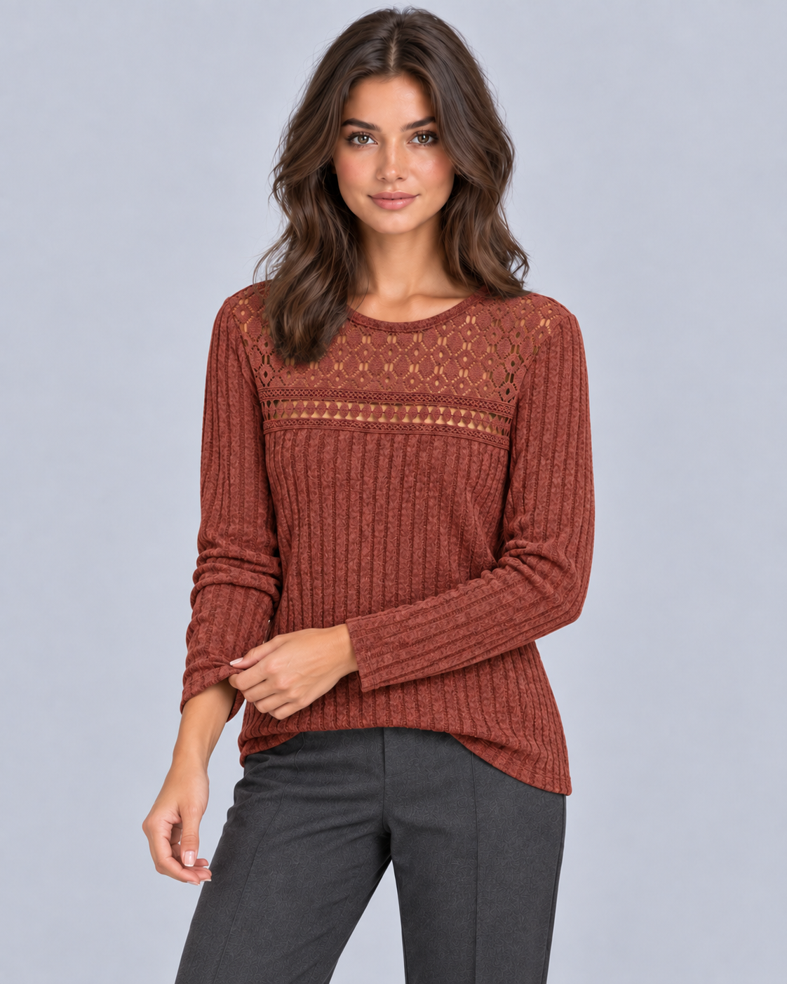 Women's Lace Ribbed Long Sleeve Top | Fitted Crew Neck Blouse