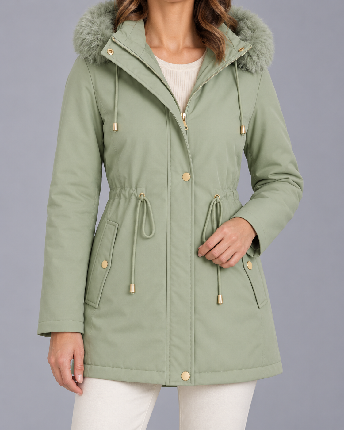 Women's Fleece Lined Parka with Faux Fur Hood and Drawstring Waist