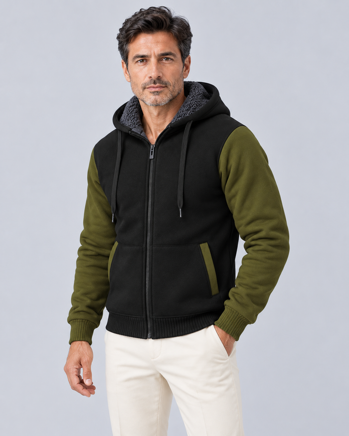 Men's Fleece-Lined Colour Block Hoodie | Full-Zip Winter Sweatshirt