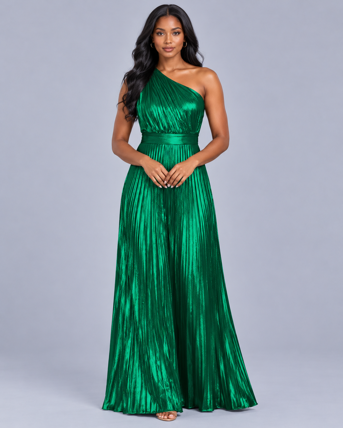 Women's One Shoulder Metallic Pleated Jumpsuit