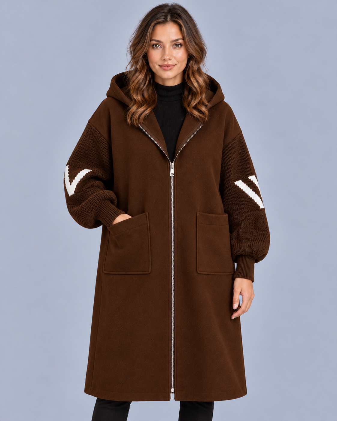 Women's Oversized Hooded Coat with Knitted Sleeves