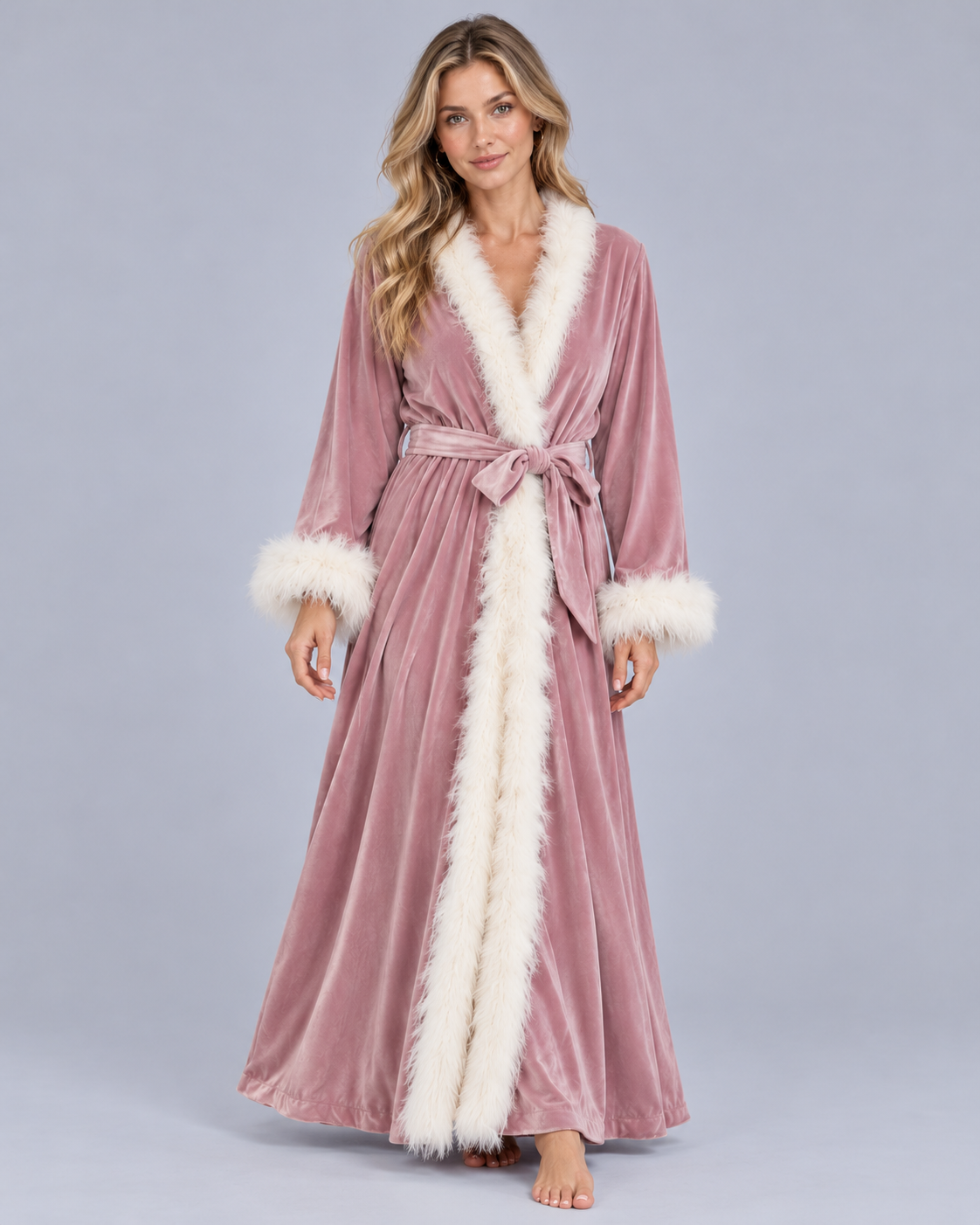 Women's Velvet Dressing Gown with Feather-Style Trim