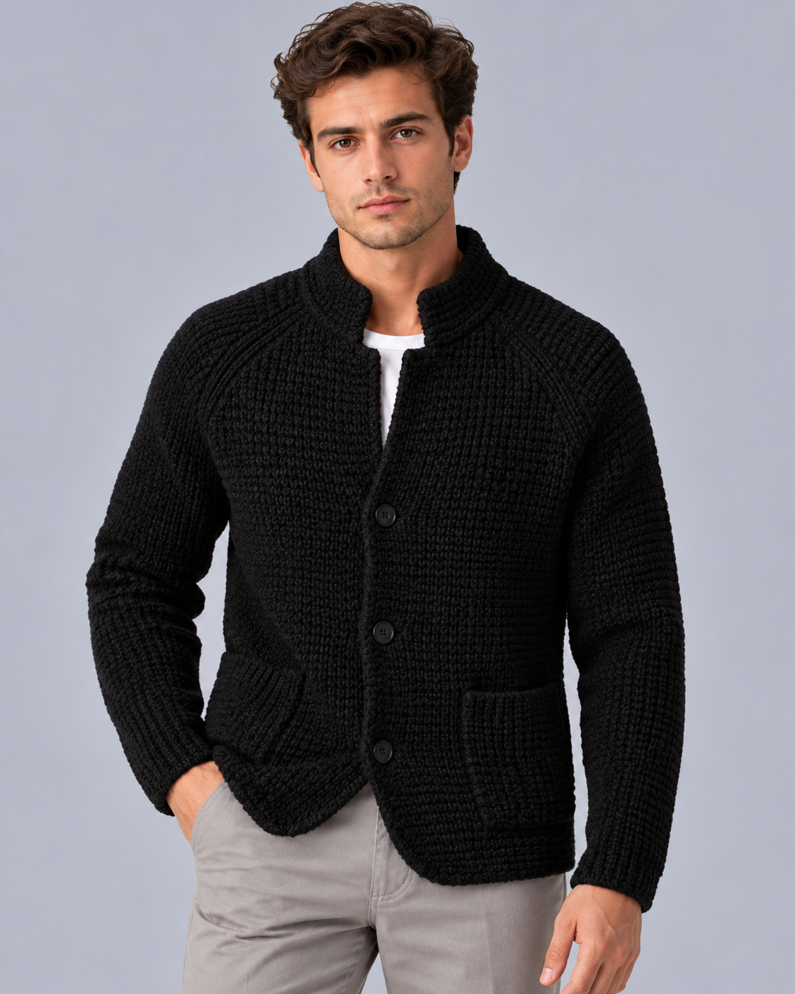 Men's Chunky Knit Cardigan with Patch Pockets
