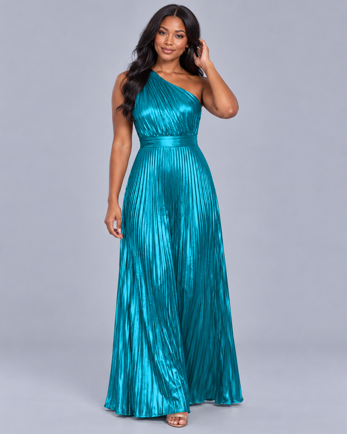 Women's One Shoulder Metallic Pleated Jumpsuit