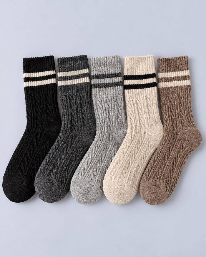 Cotton Cable-Knit Crew Socks with Striped Cuffs