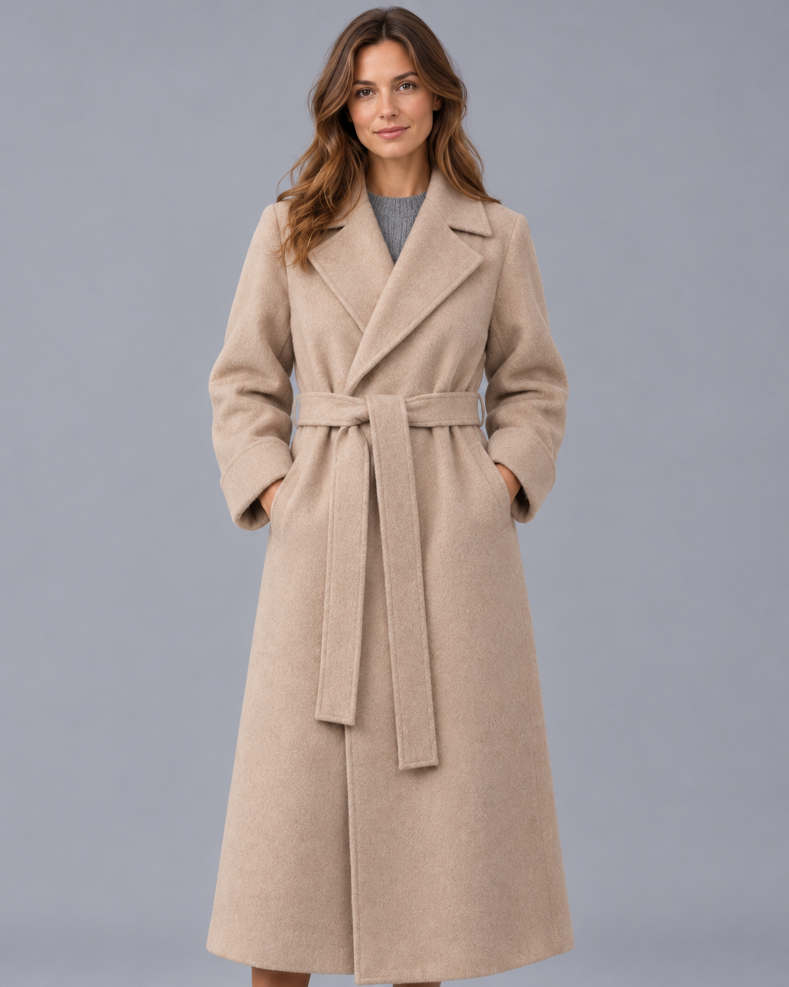 Women's Longline Belted Wrap Coat with Lapel Collar