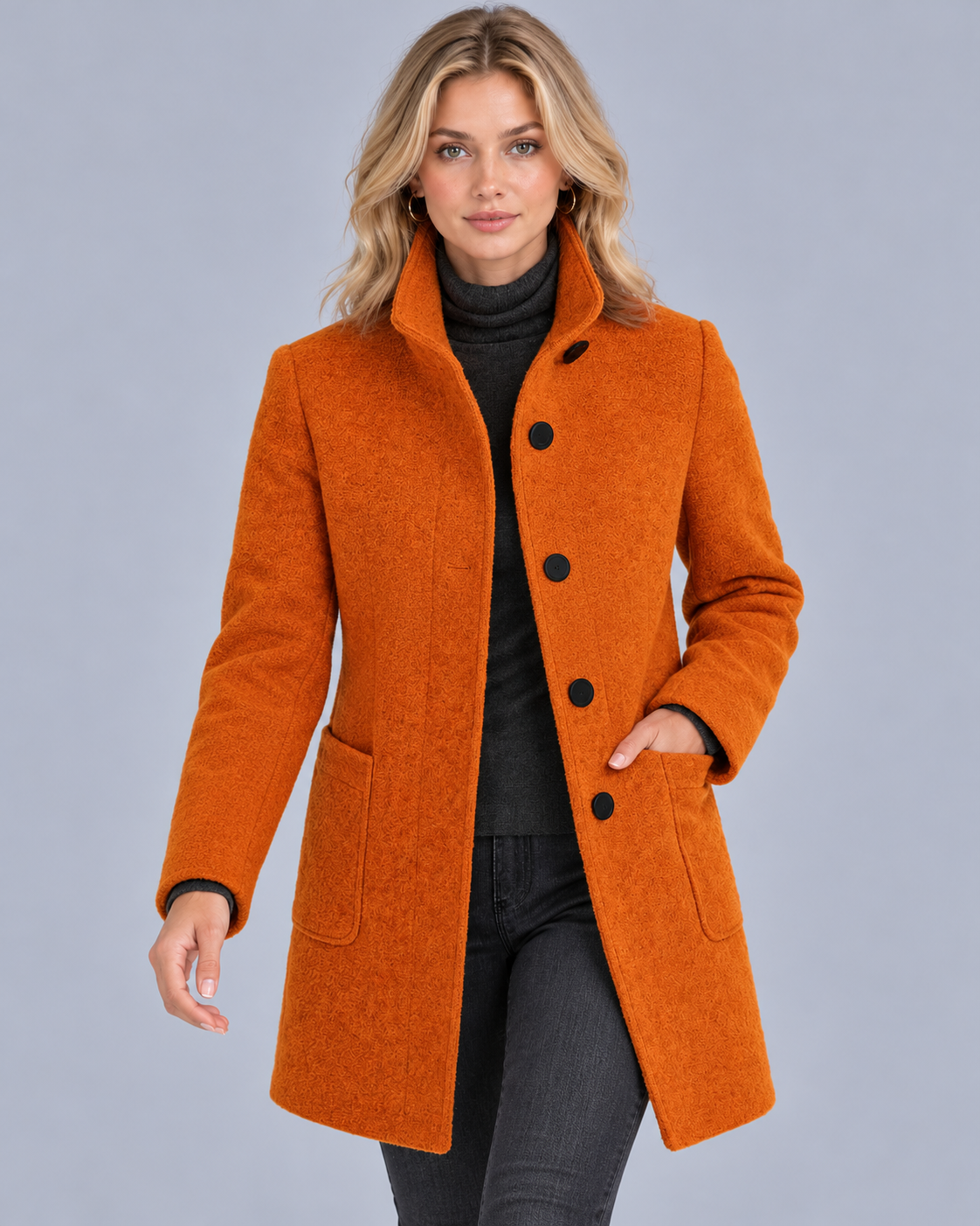 Women's Wool Midi Coat with Stand Collar