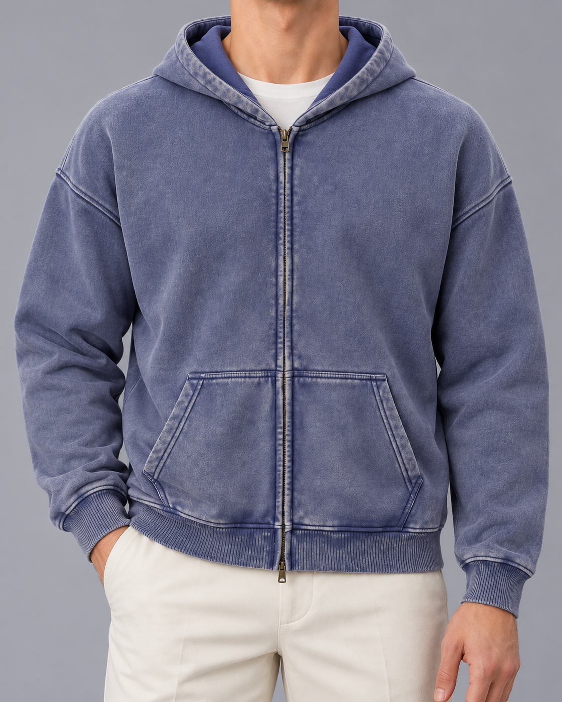 Men's Oversized Zip-Up Hoodie | Washed Fleece Full-Zip Sweatshirt