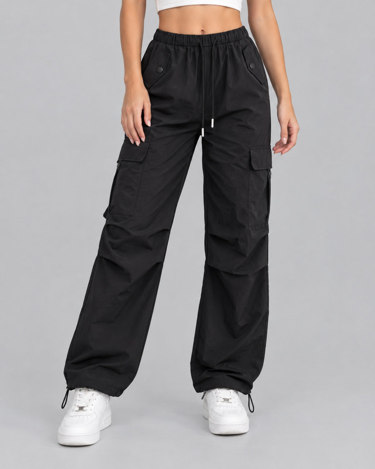 Women's Comfortable Cotton Cargo Trousers with Drawstring Waist Parachute Style