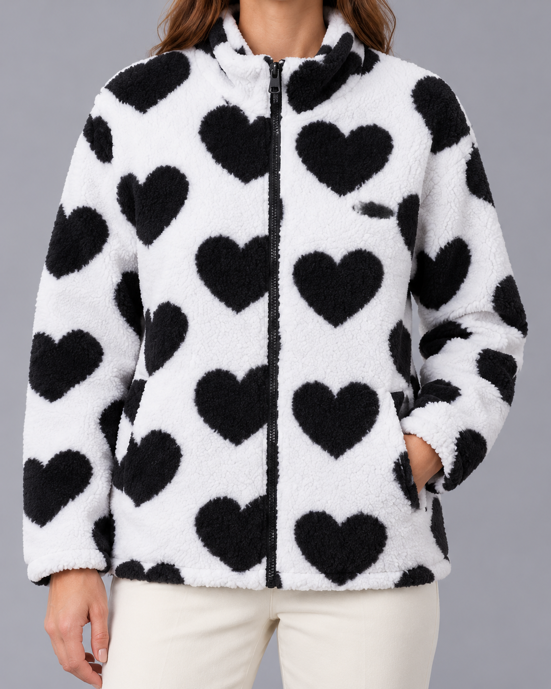 Women's Reversible Heart Print Jacket with Zip Front and Stand Collar
