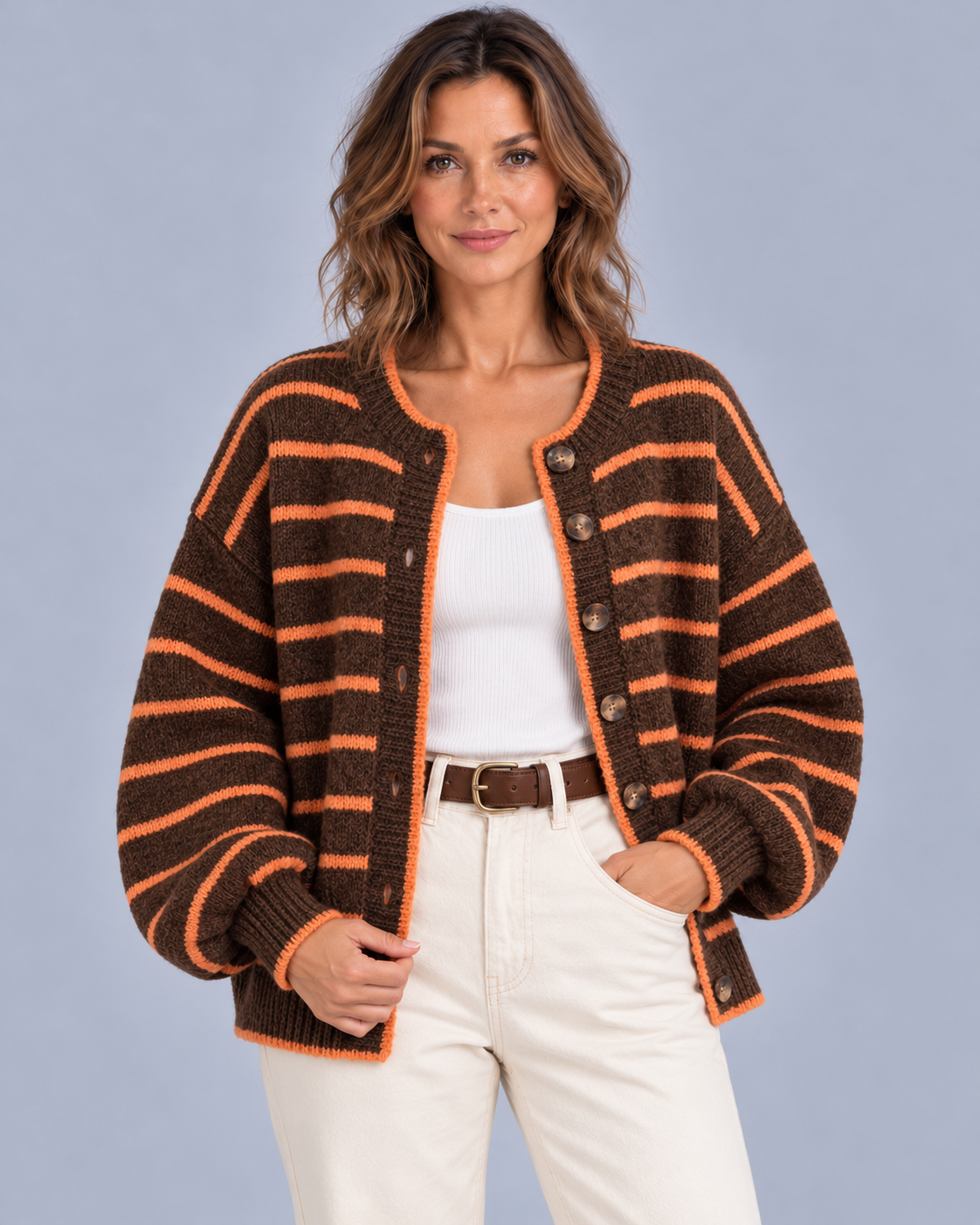 Women's Oversized Striped Button Up Cardigan
