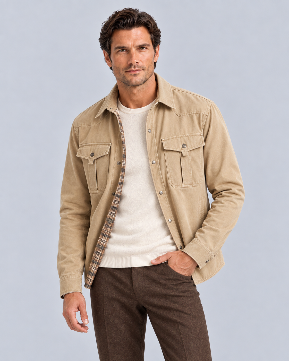 Men's Overshirt Jacket | Versatile Layering with Plaid-Lined Shirt