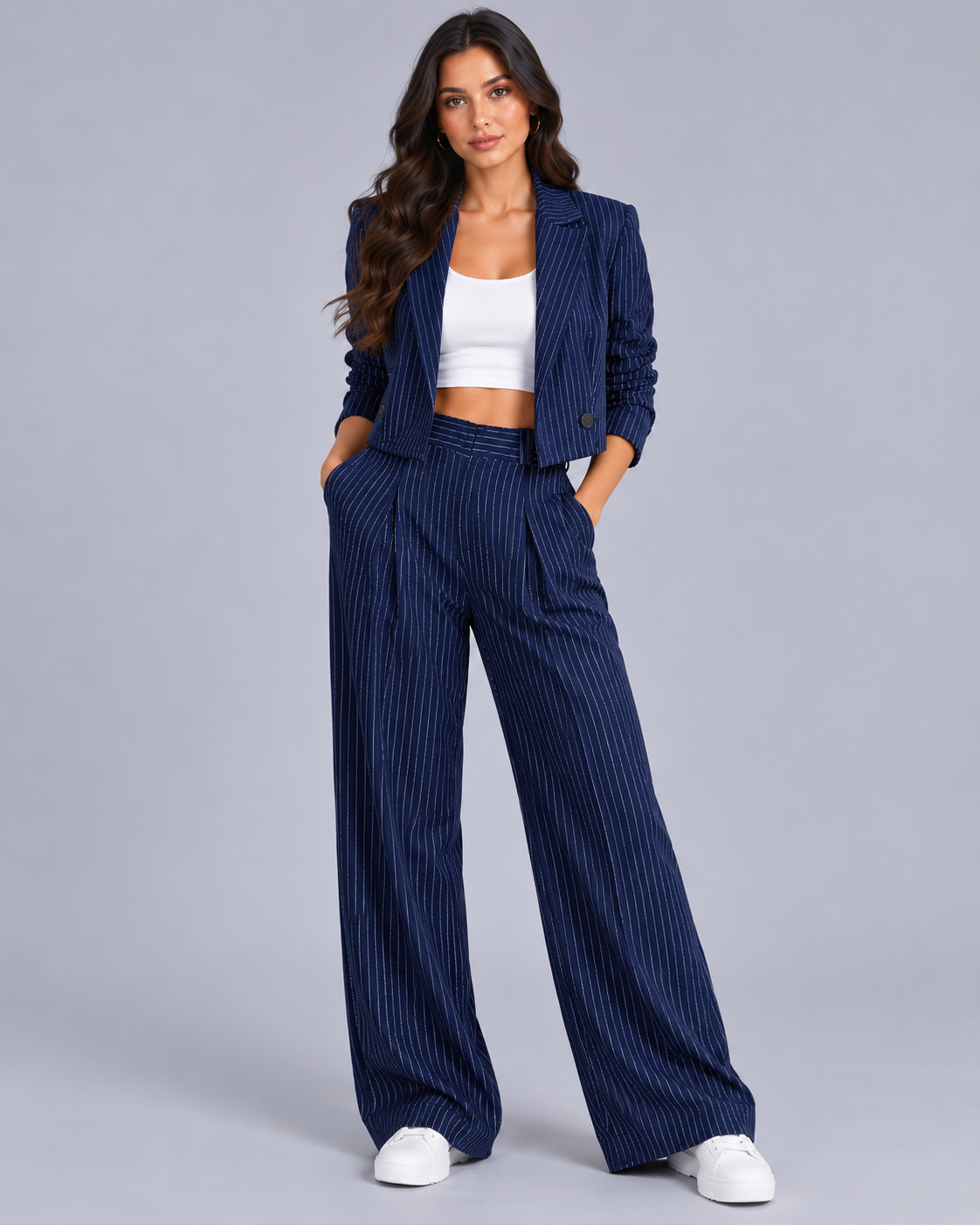Women's Cropped Pinstripe Trouser Suit