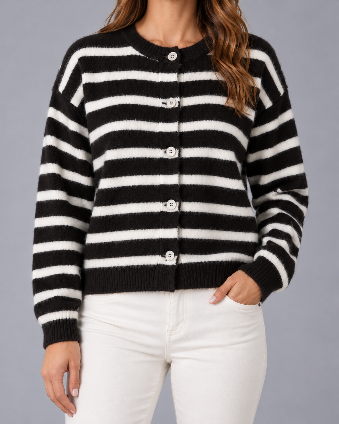 Women's Striped Button-Front Cardigan | Relaxed Knit