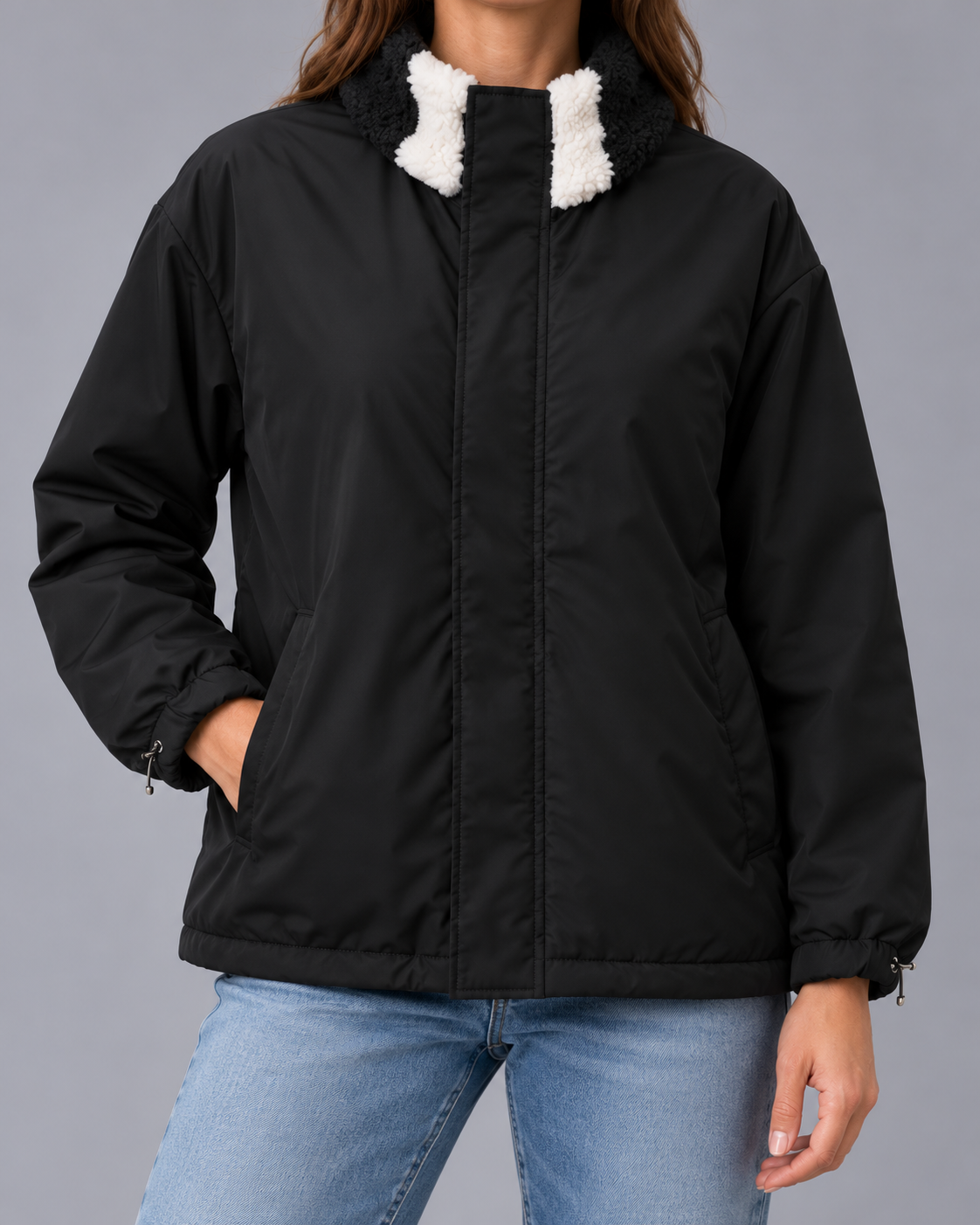 Women's Reversible Heart Print Jacket with Zip Front and Stand Collar