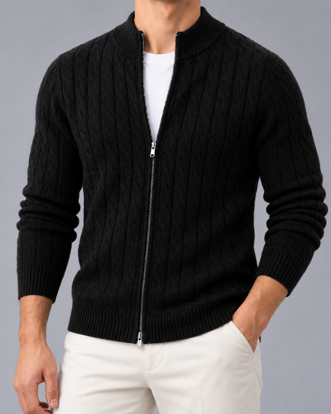 Men's Cable Knit Zip-Up Cardigan with Stand Collar