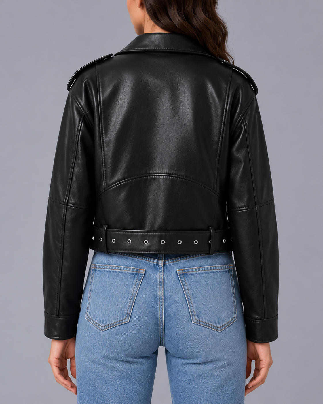Women's Black Cropped Faux Leather Biker Jacket with Belted Hem