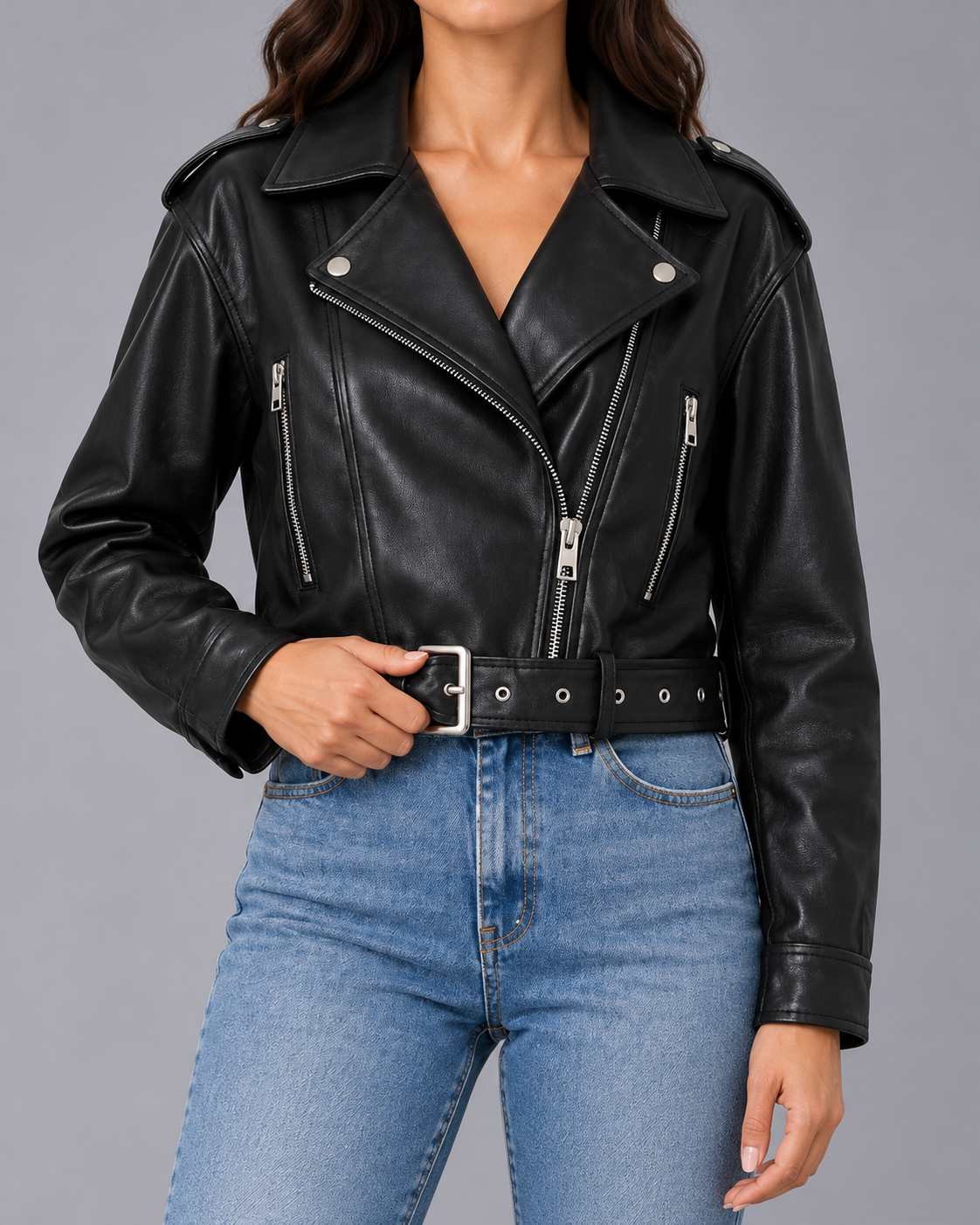 Women's Black Cropped Faux Leather Biker Jacket with Belted Hem