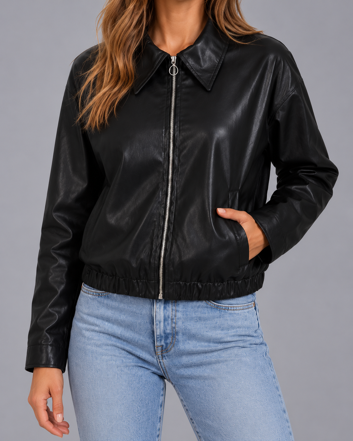 Women's Cropped Faux Leather Jacket with Point Collar and Elasticated Hem