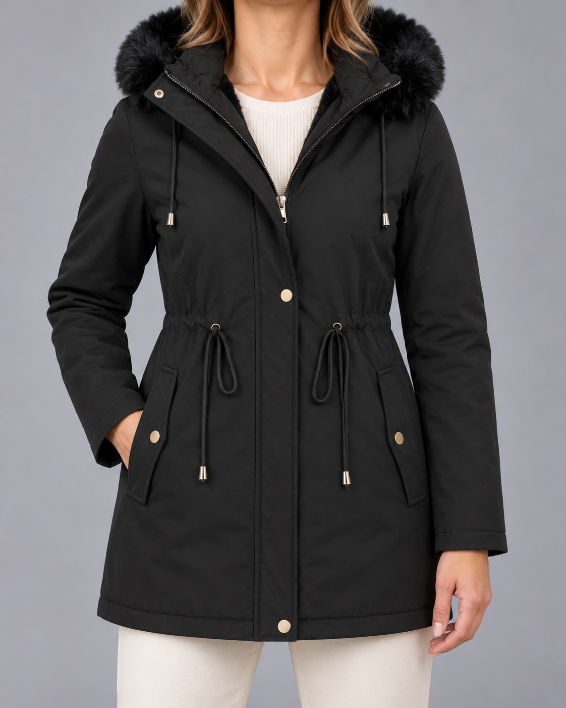 Women's Fleece Lined Parka with Faux Fur Hood and Drawstring Waist