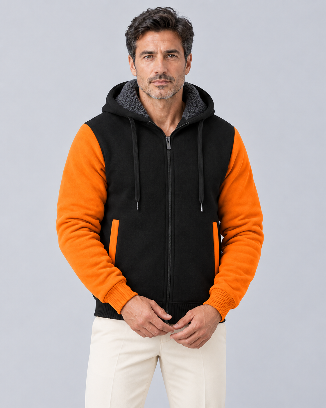 Men's Fleece-Lined Colour Block Hoodie | Full-Zip Winter Sweatshirt