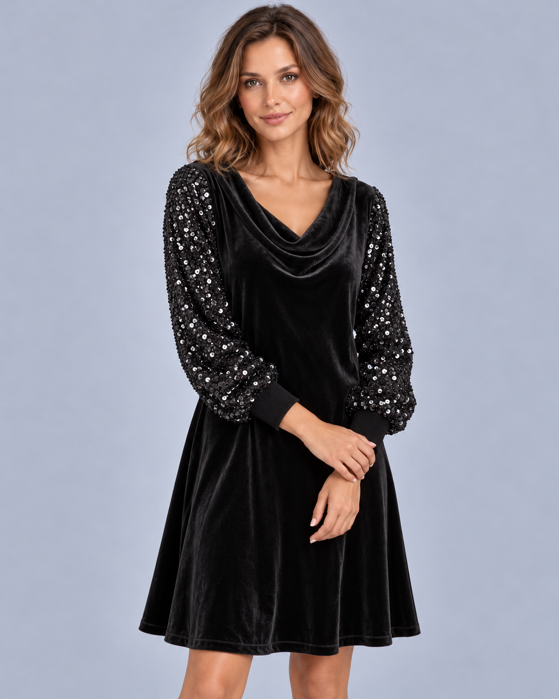 Women's Velvet Dress with Sequin Sleeves