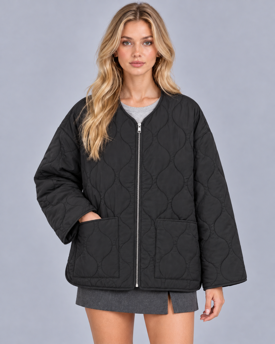 Women's Collarless Quilted Jacket | Lightweight Padded Zip-Up Jacket with Wave Stitching