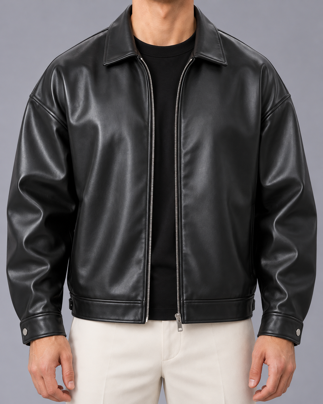 Men's Oversized Faux Leather Bomber Jacket | Front-Zip Closure