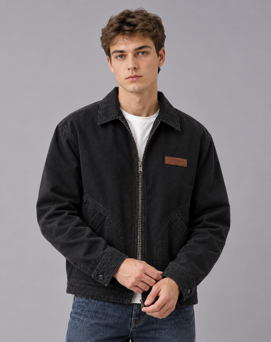 Men's Cotton Blend Workwear Jacket | Full-Zip with Point Collar