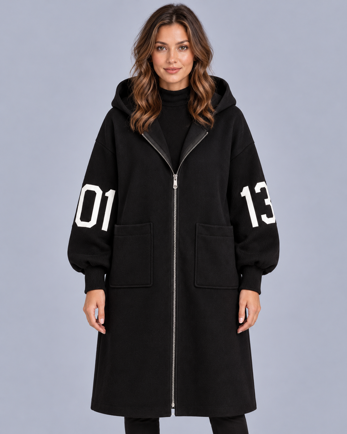 Women's Oversized Hooded Coat with Knitted Sleeves