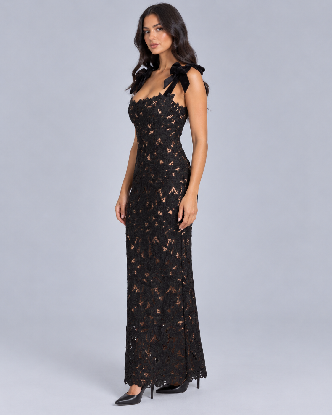 Women's Lace Maxi Dress with Bow Straps