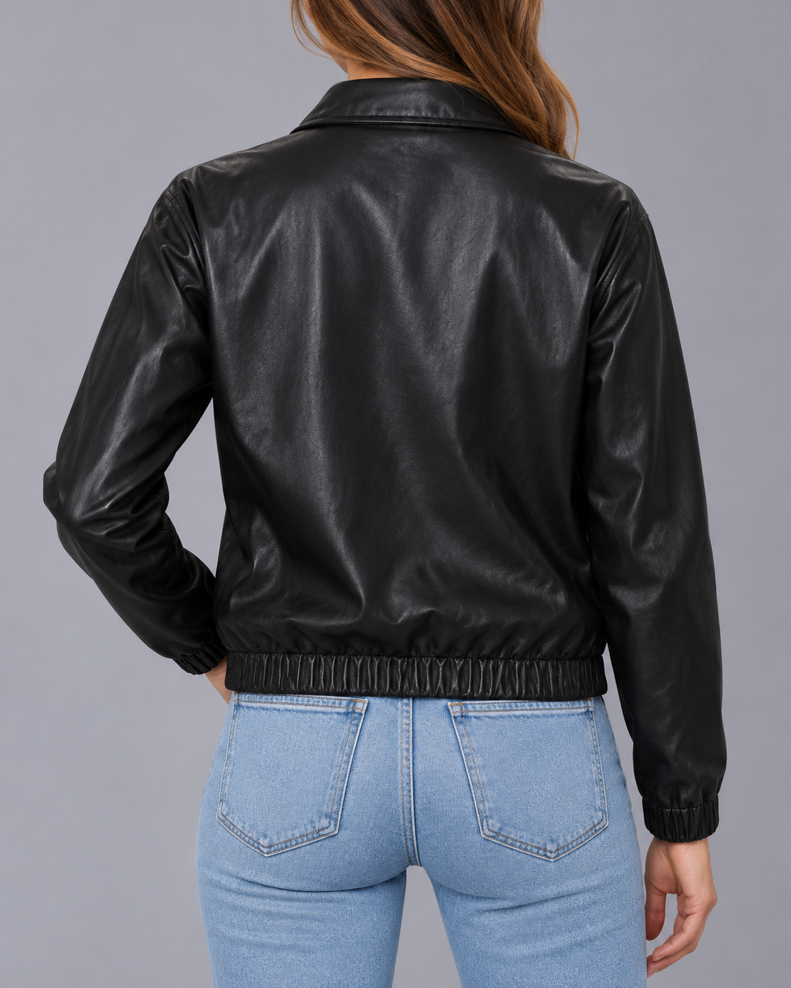 Women's Cropped Faux Leather Jacket with Point Collar and Elasticated Hem