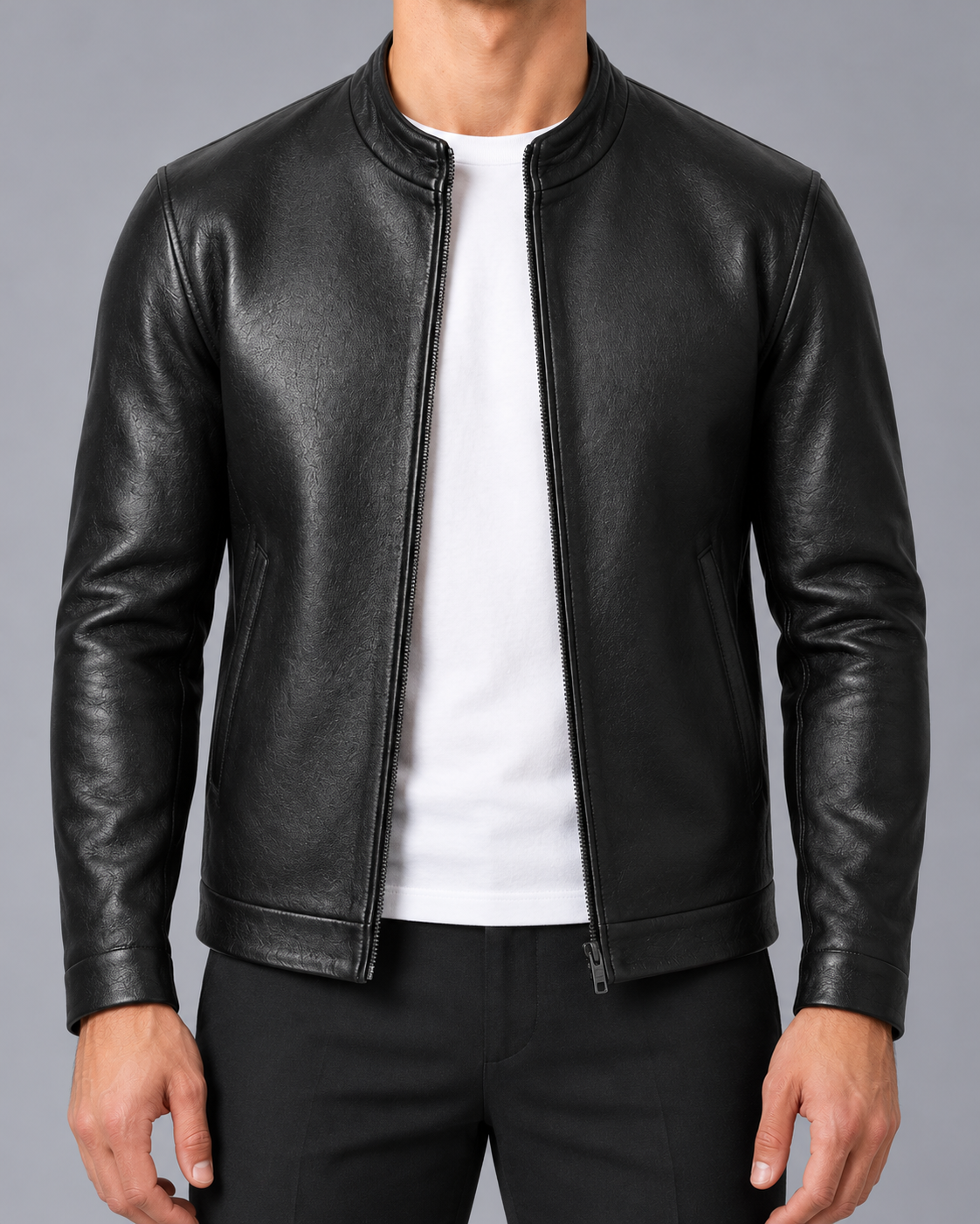 Men's Faux Leather Jacket with Stand Collar and Zip Front