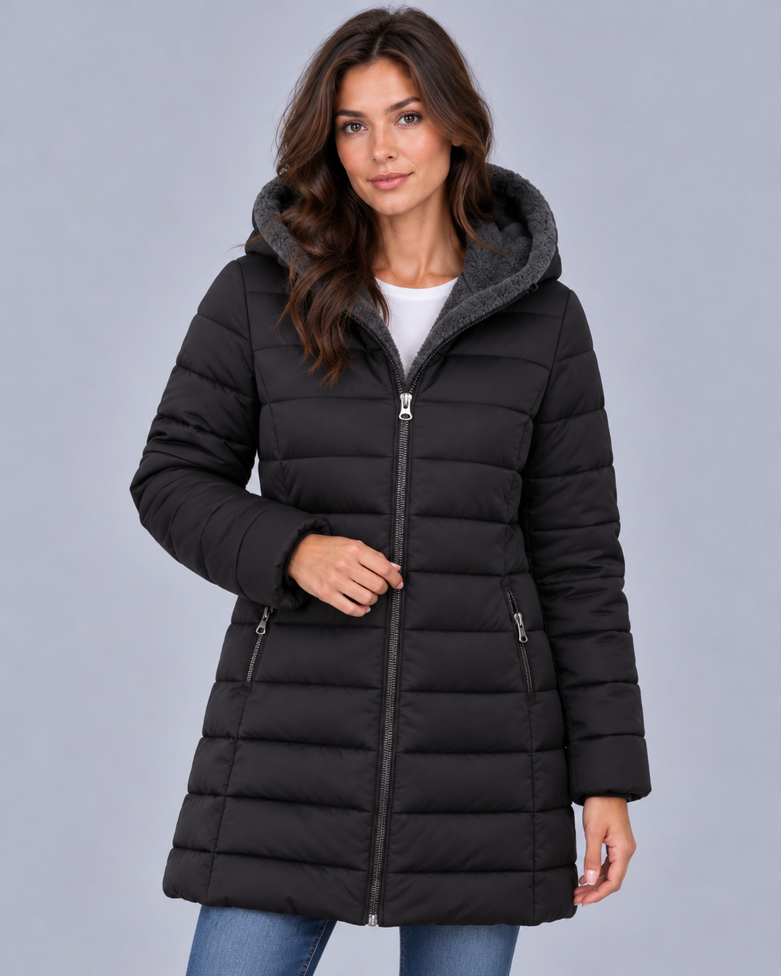 Women's Hooded Puffer Coat with Fleece Lining