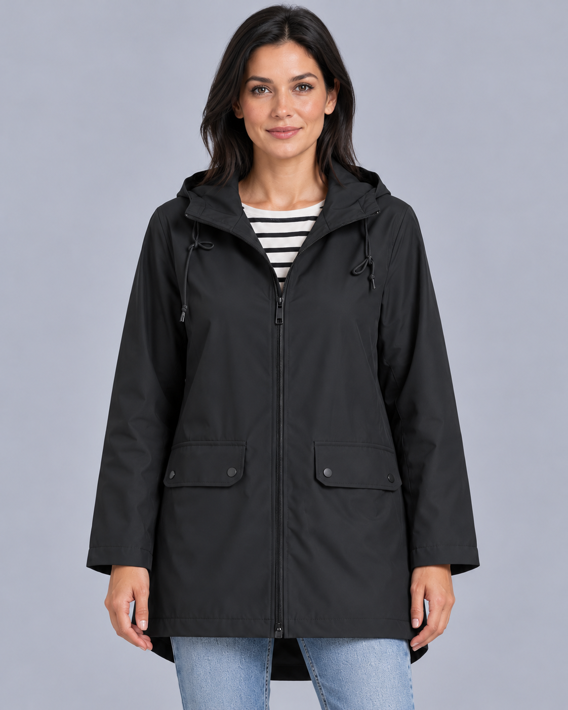 Women's Waterproof Hooded Raincoat with Flap Pockets