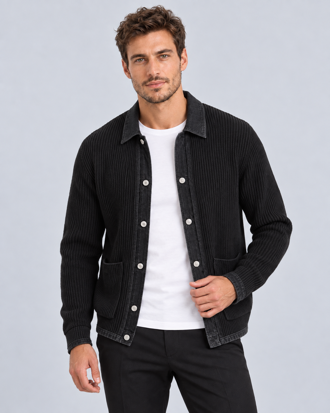 Men's Wool Knit Cardigan | Denim-Style Contrast Trim Jacket