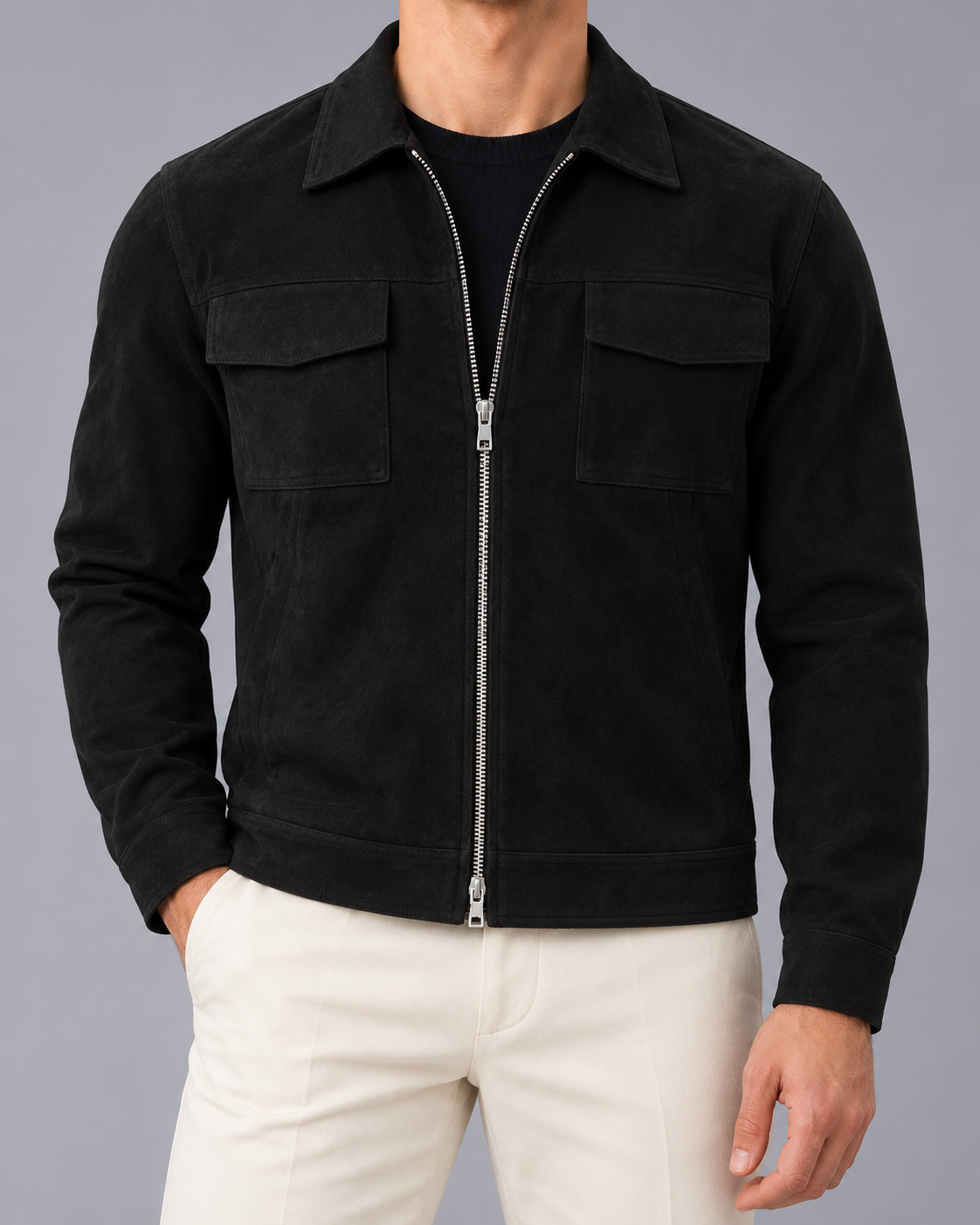 Men's Faux Suede Zip-Up Jacket with Chest Pockets