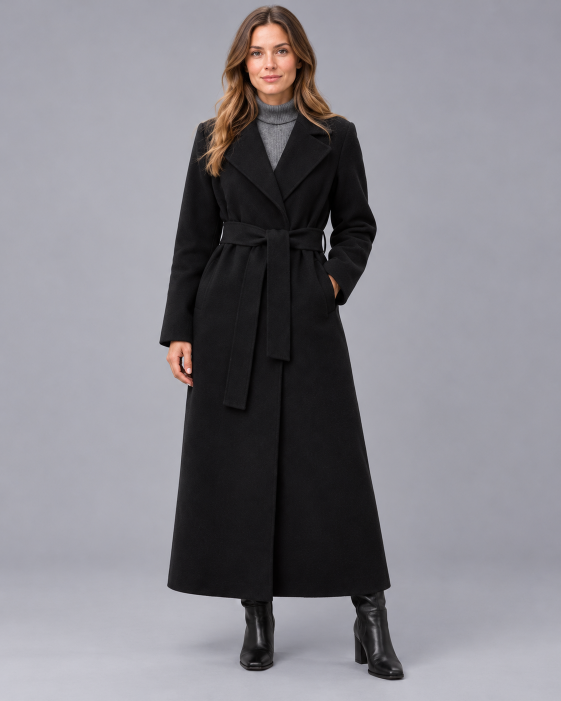 Women's Longline Belted Wrap Coat with Lapel Collar