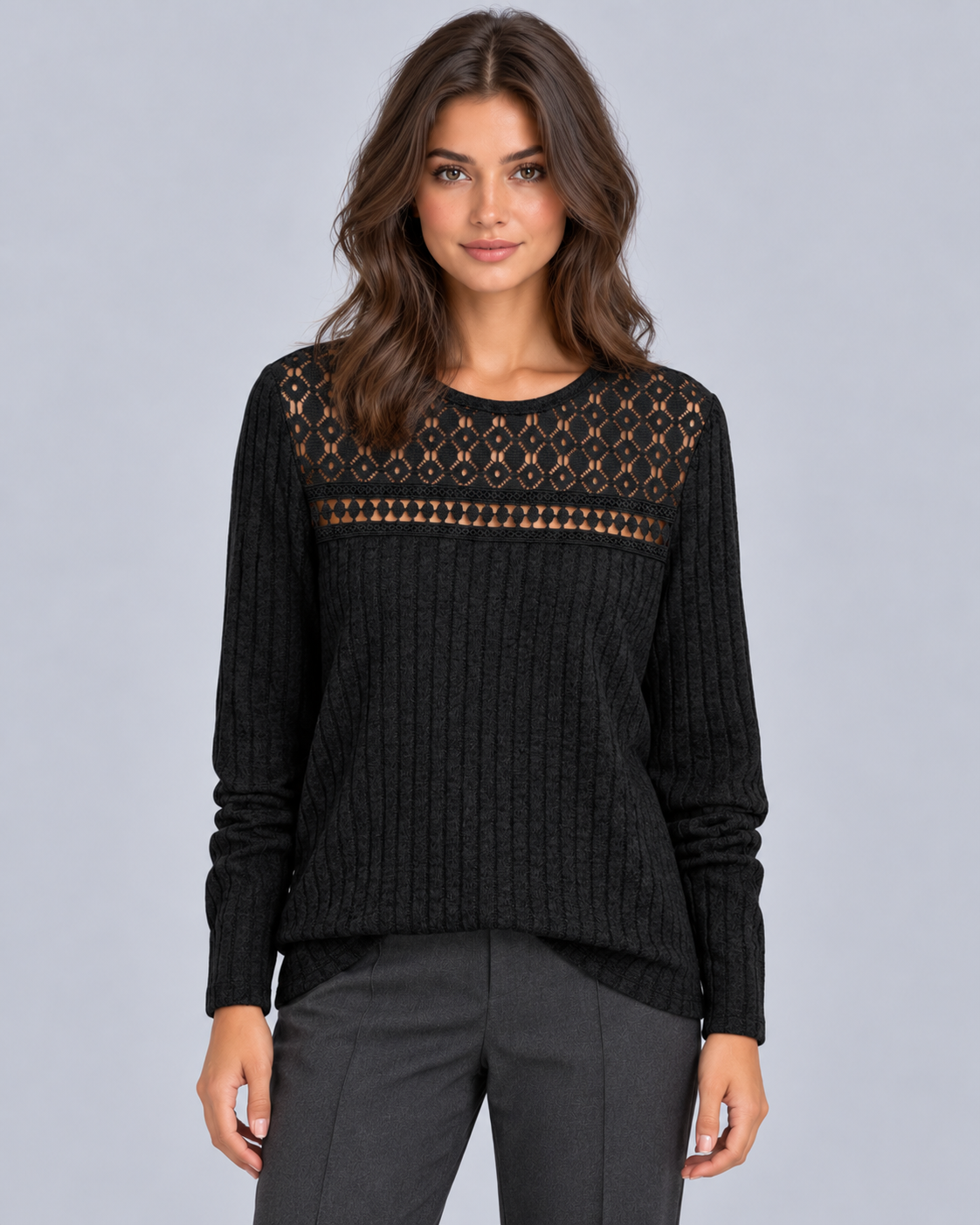 Women's Lace Ribbed Long Sleeve Top | Fitted Crew Neck Blouse