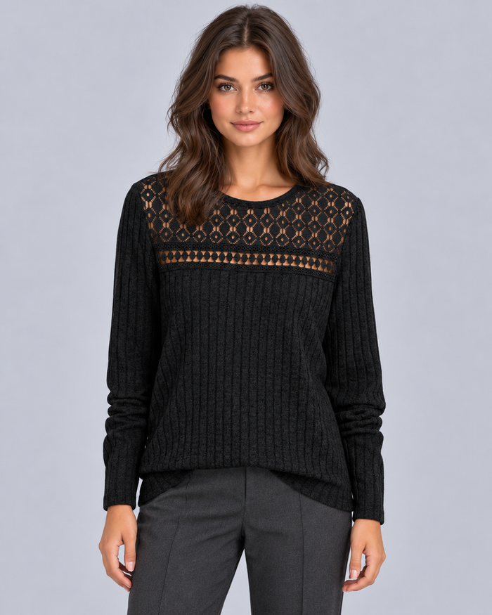 Women's Lace Ribbed Long Sleeve Top | Fitted Crew Neck Blouse