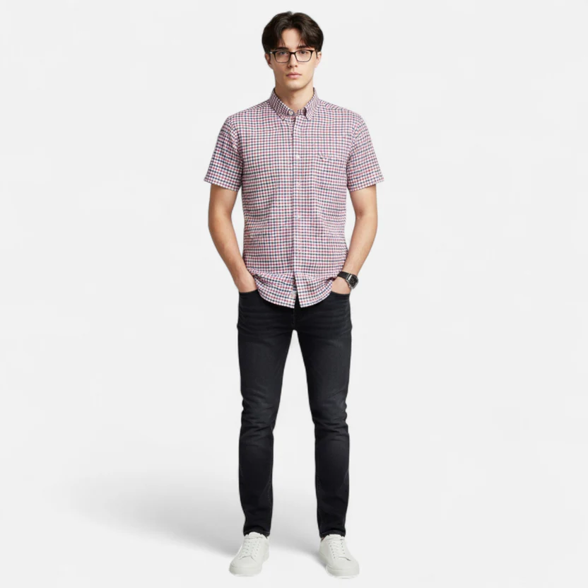 Men's Oxford Cotton Short-Sleeve Shirt with Pattern