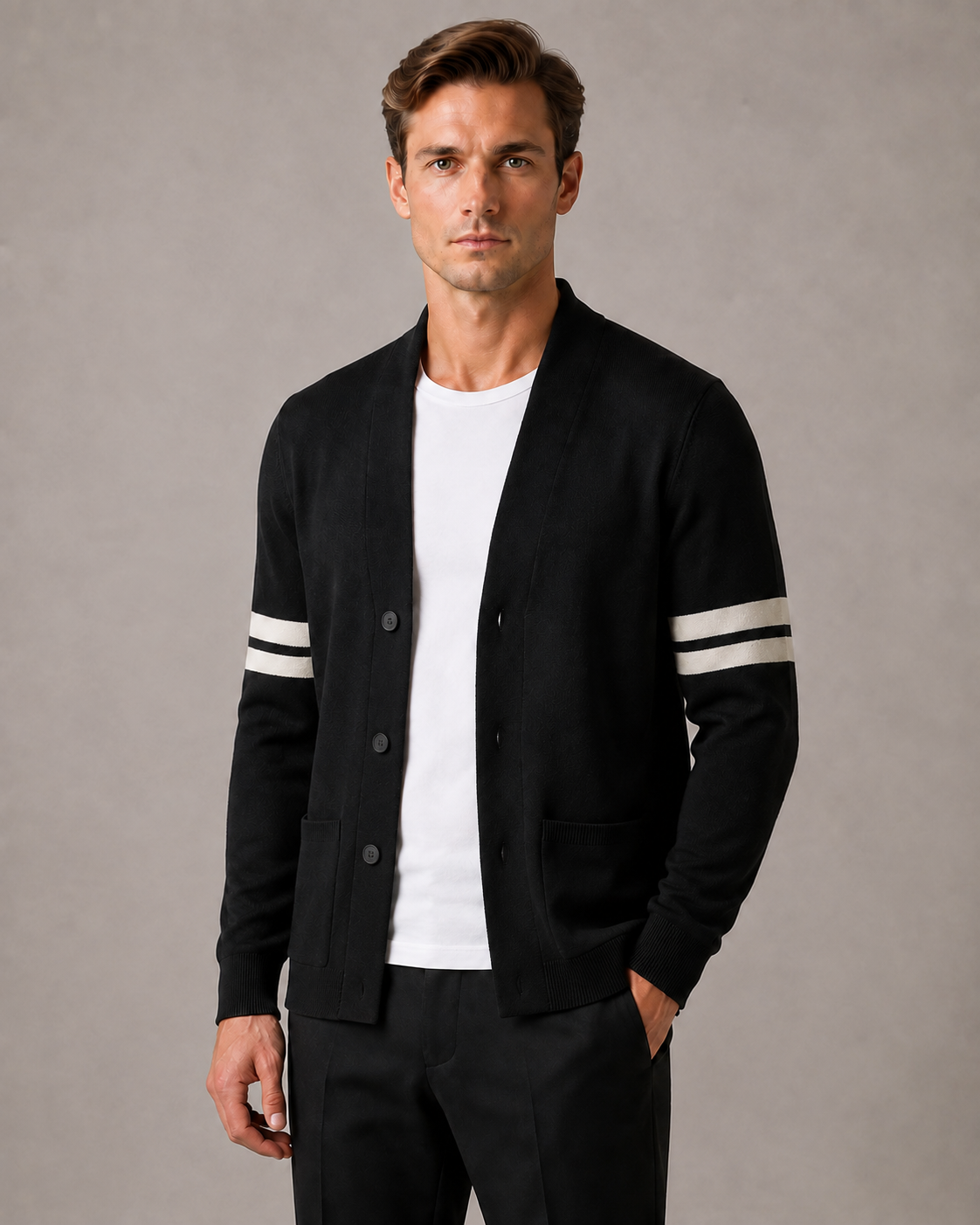 Men's Merino Stripe Front-Button Cardigan