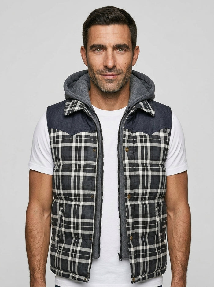 Men's Hooded Plaid Puffer Vest — On Model - Upper Body | Generated by Modelize