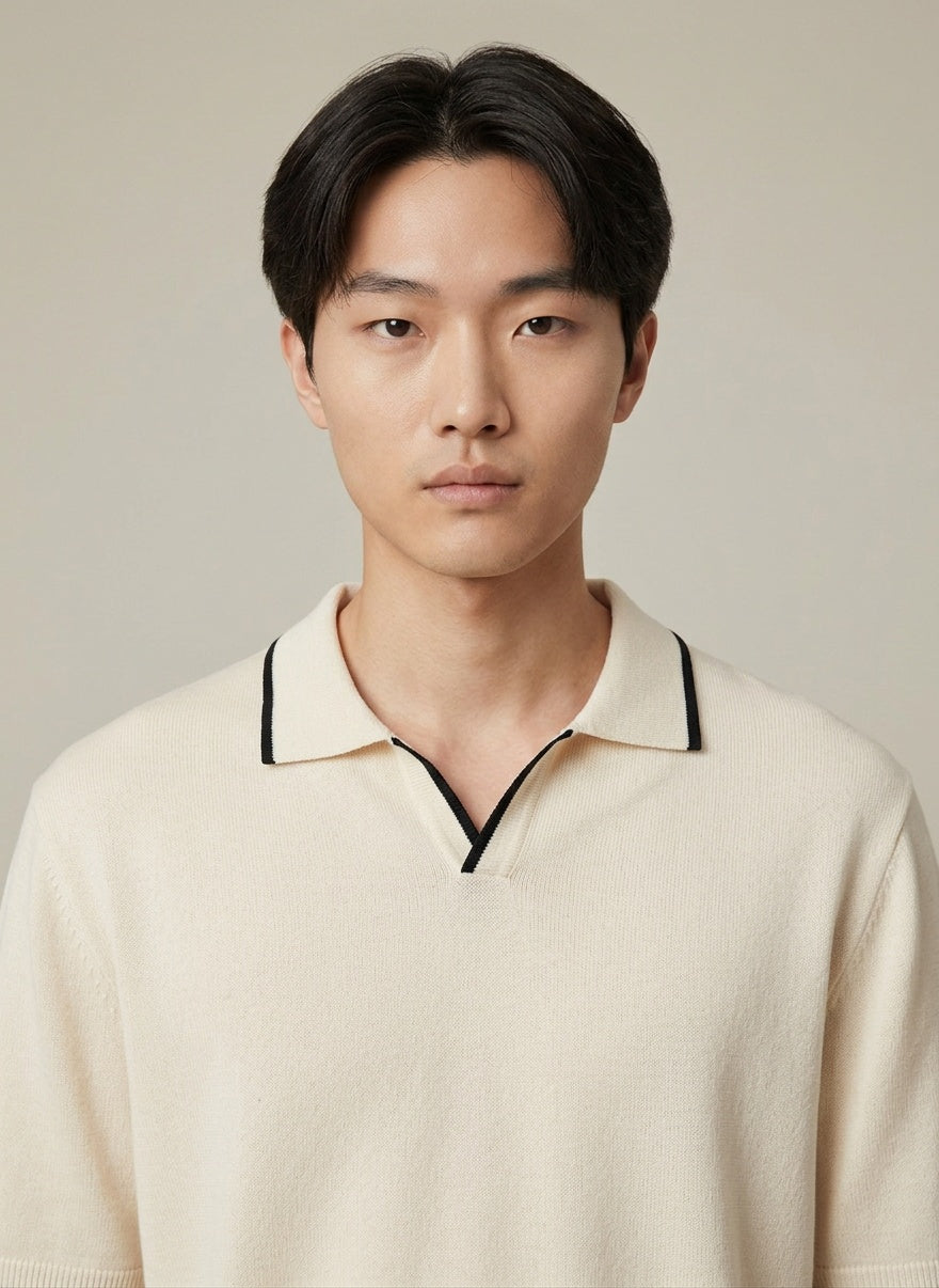 Close-up of the model wearing Contrast Slim Fitted Polo